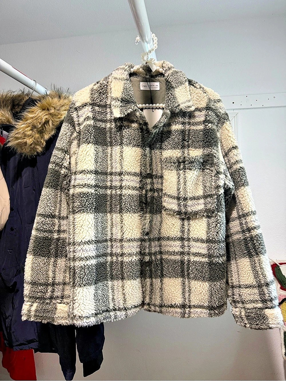 • Zara Kids Plaid Faux Shearling Shirt Jacket Shacket Size 13-14 (164cm)